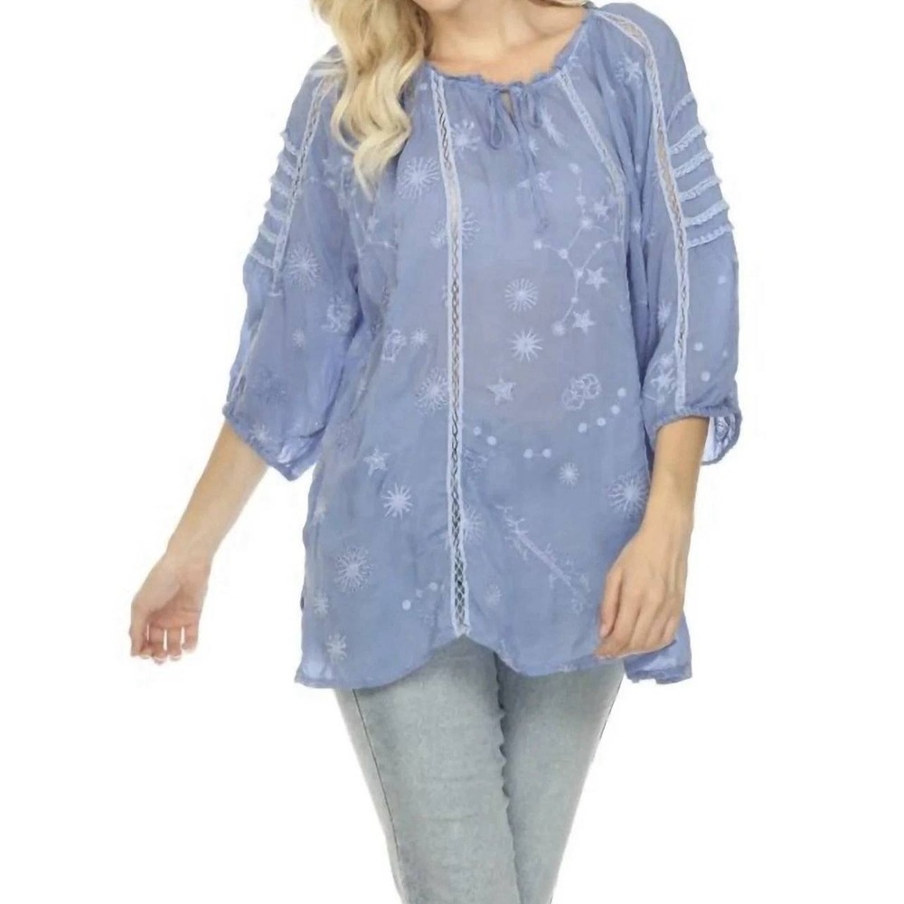 Johnny Was Celestin Neptune Blue Embroidered Boho Summer Blouse Zodiac Small